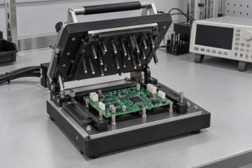 Open PCBA test fixture with a populated circuit board, AI illustration