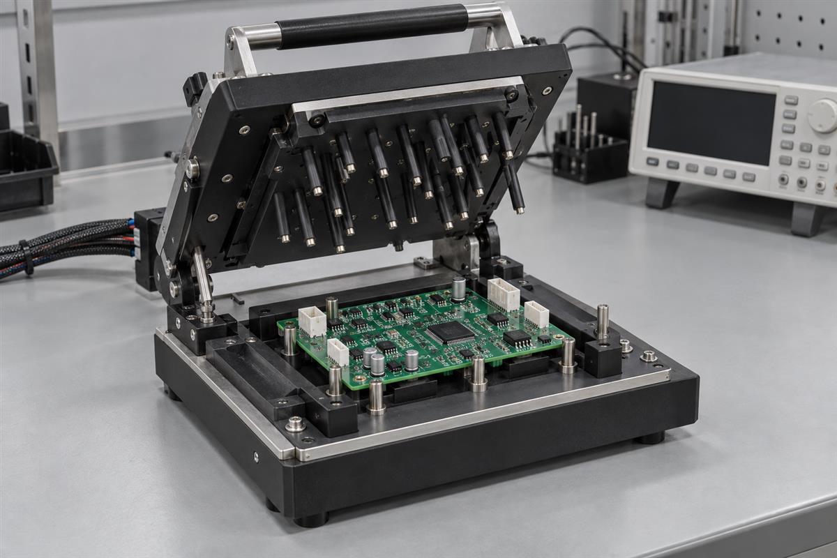 Open PCBA test fixture with a populated circuit board, AI illustration