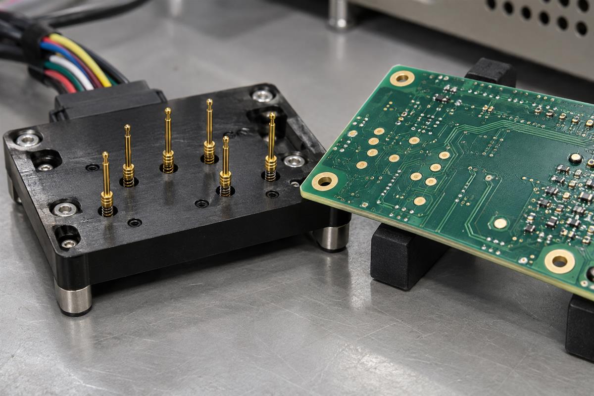 Spring-loaded fixture probes beside PCB contact pads, AI illustration