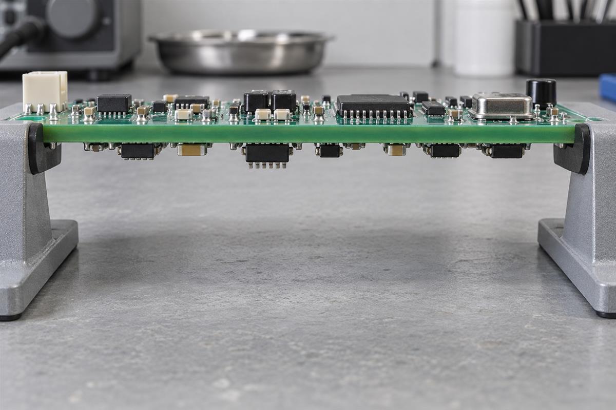 Illustrative assembled PCB held by edge supports with clearance below underside components