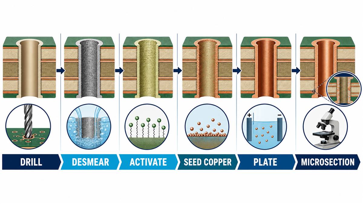 Plated through-hole process from drill and desmear through copper plating and microsection inspection