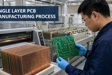 Operator inspecting single-layer circuit boards beside imaging and etching equipment