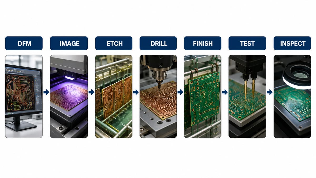 Single layer PCB manufacturing from DFM and imaging through etching drilling finish testing and inspection