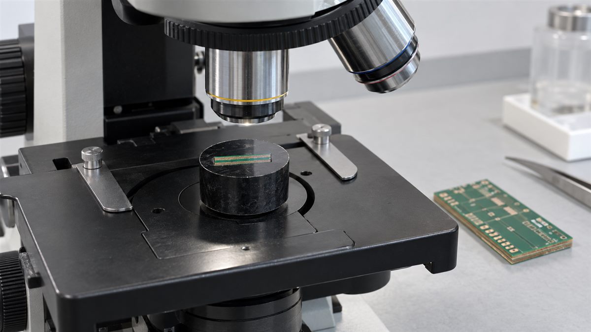 Illustrative PCB cross-section sample beneath a laboratory microscope