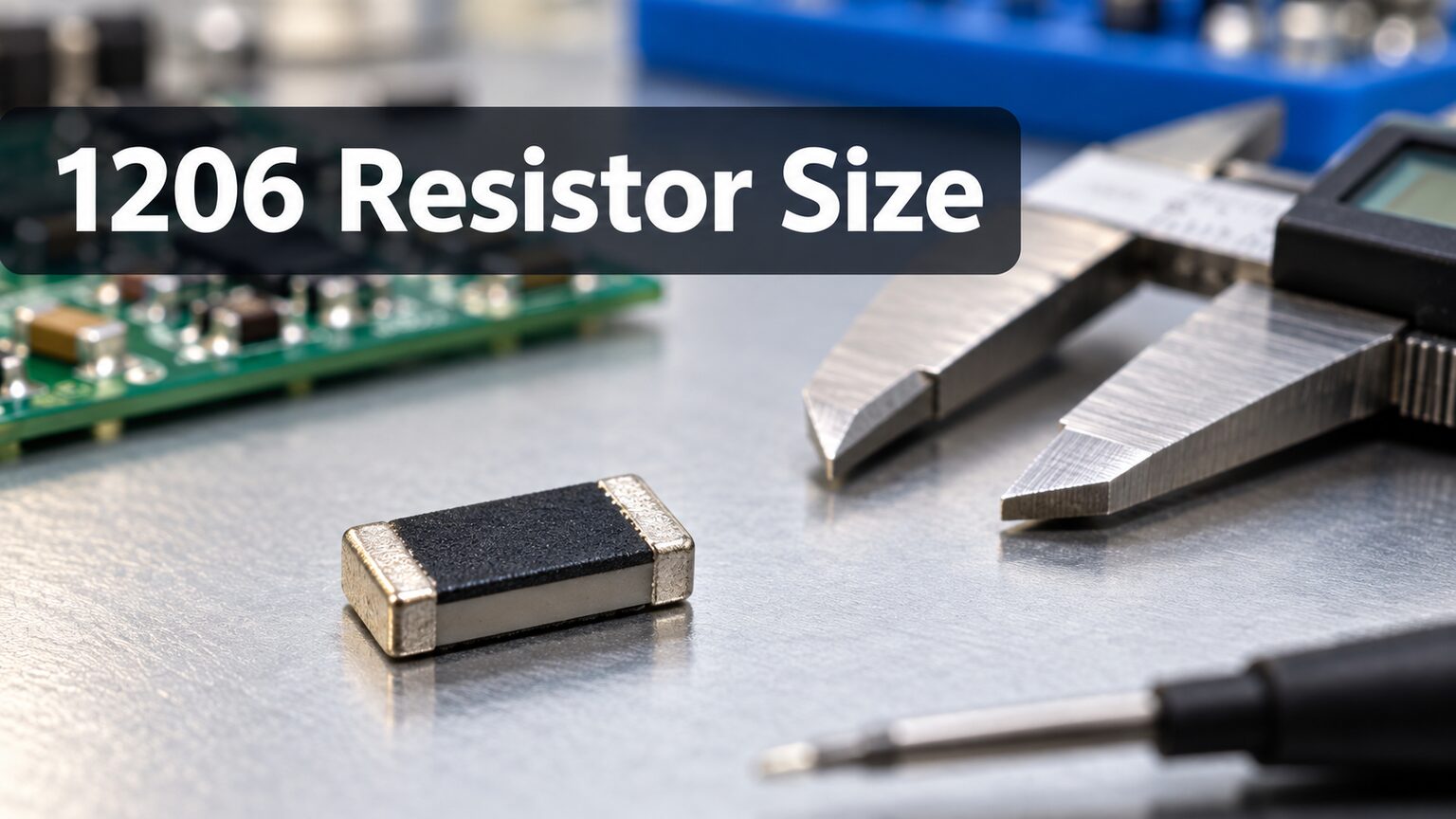 Generic 1206 surface-mount resistor beside precision calipers on an electronics workbench