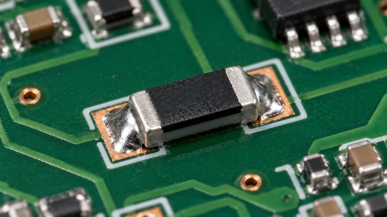 Generic 1206 chip resistor soldered between two copper pads on a circuit board