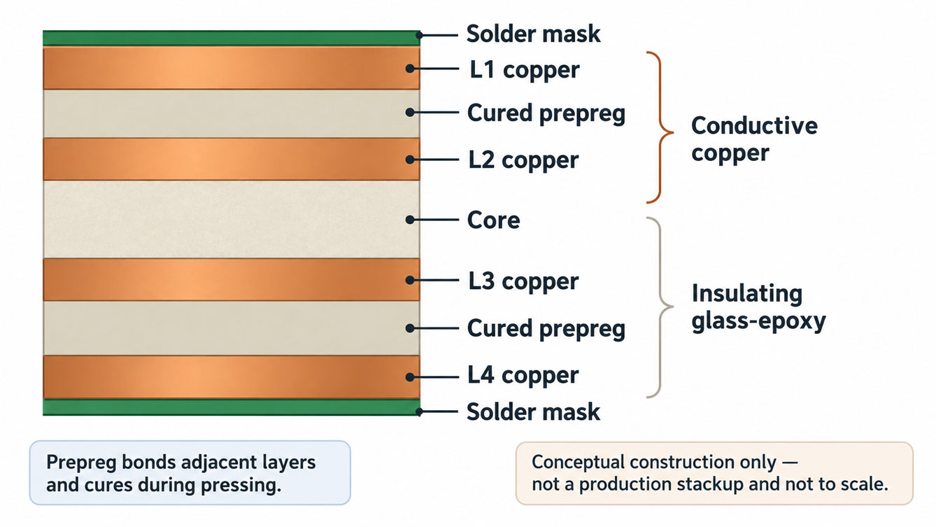 Conceptual four-layer PCB cross-section labeling L1–L4 copper, cured prepreg, a core, and outer solder mask.