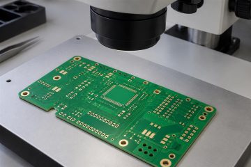 Illustrative bare printed circuit board positioned beneath an inspection microscope