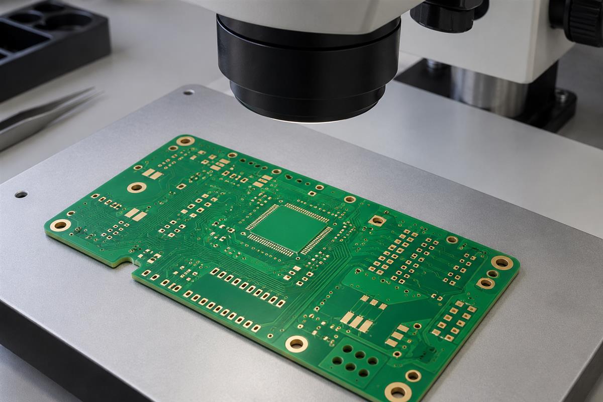 Illustrative bare printed circuit board positioned beneath an inspection microscope