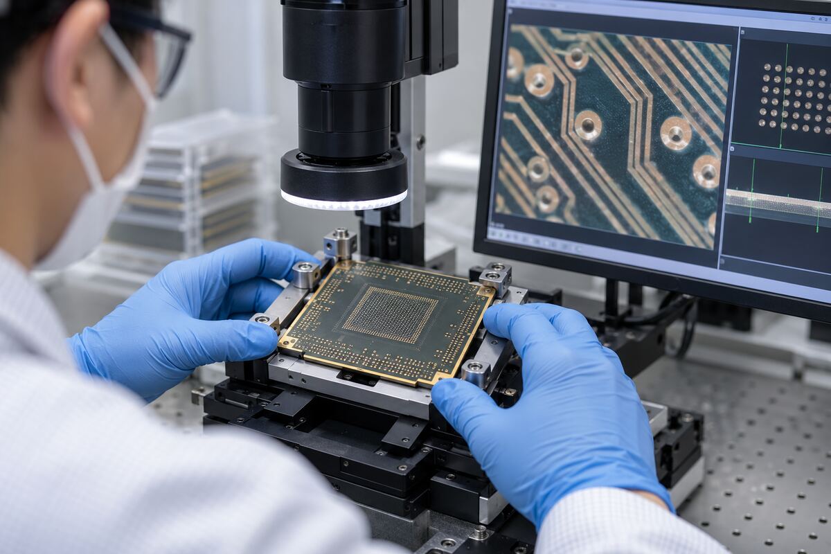 Engineer inspecting fine traces and pad geometry on an organic IC package substrate under a digital microscope