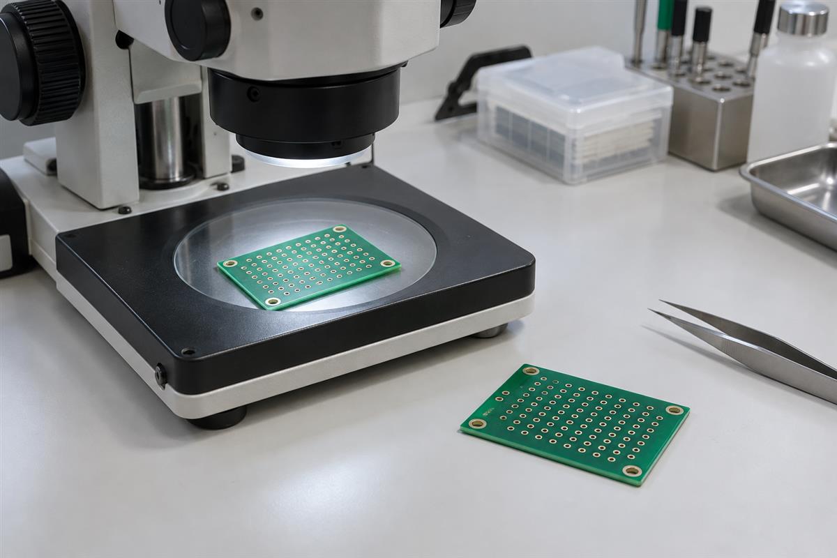Illustrative PCB coupons beside a laboratory inspection microscope