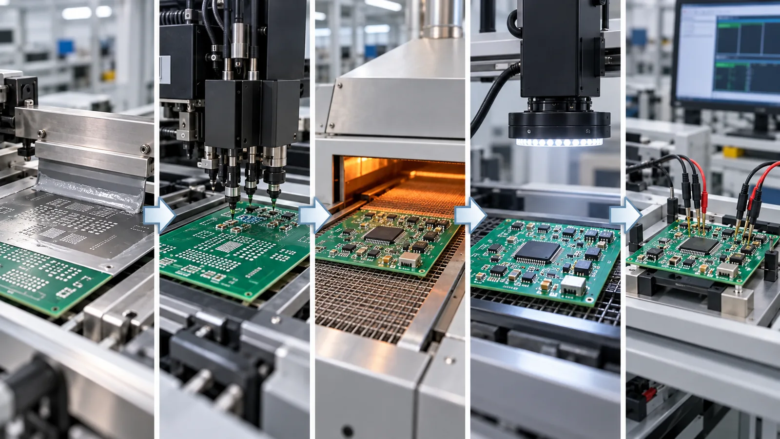 Illustrated sequence of solder-paste printing, component placement, reflow, optical inspection and functional testing
