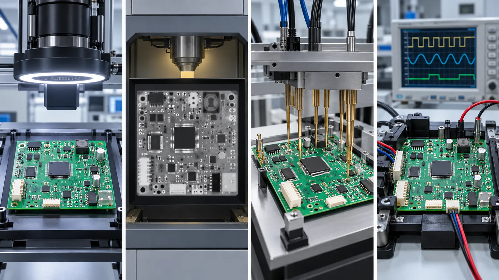 AOI, X-ray, in-circuit testing, and functional testing applied to an assembled PCB