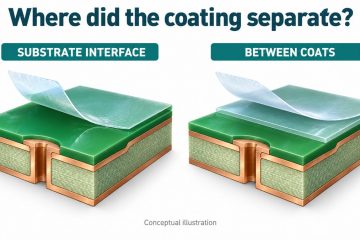 Conceptual comparison of a coating lifting from a PCB surface and separation between coating layers
