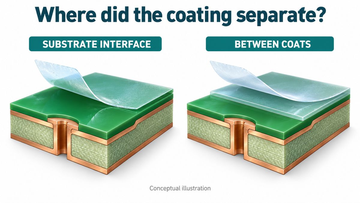 Conceptual comparison of a coating lifting from a PCB surface and separation between coating layers