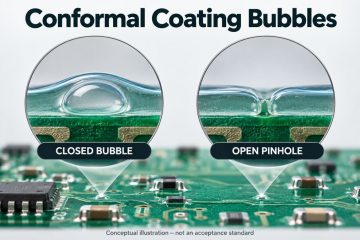 Conceptual magnified view distinguishing a closed coating bubble from an open pinhole