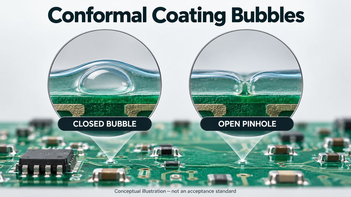 Conceptual magnified view distinguishing a closed coating bubble from an open pinhole