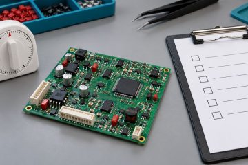 Conceptual coated PCB beside a timer and a separate release inspection checklist