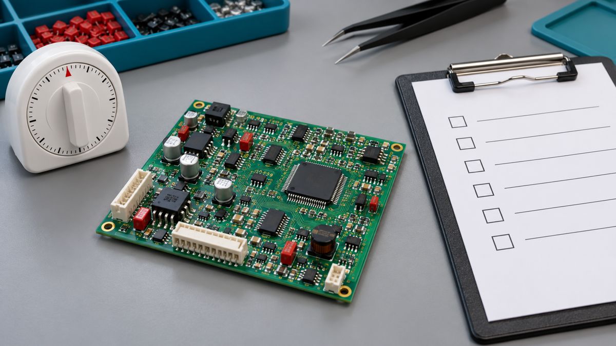Conceptual coated PCB beside a timer and a separate release inspection checklist