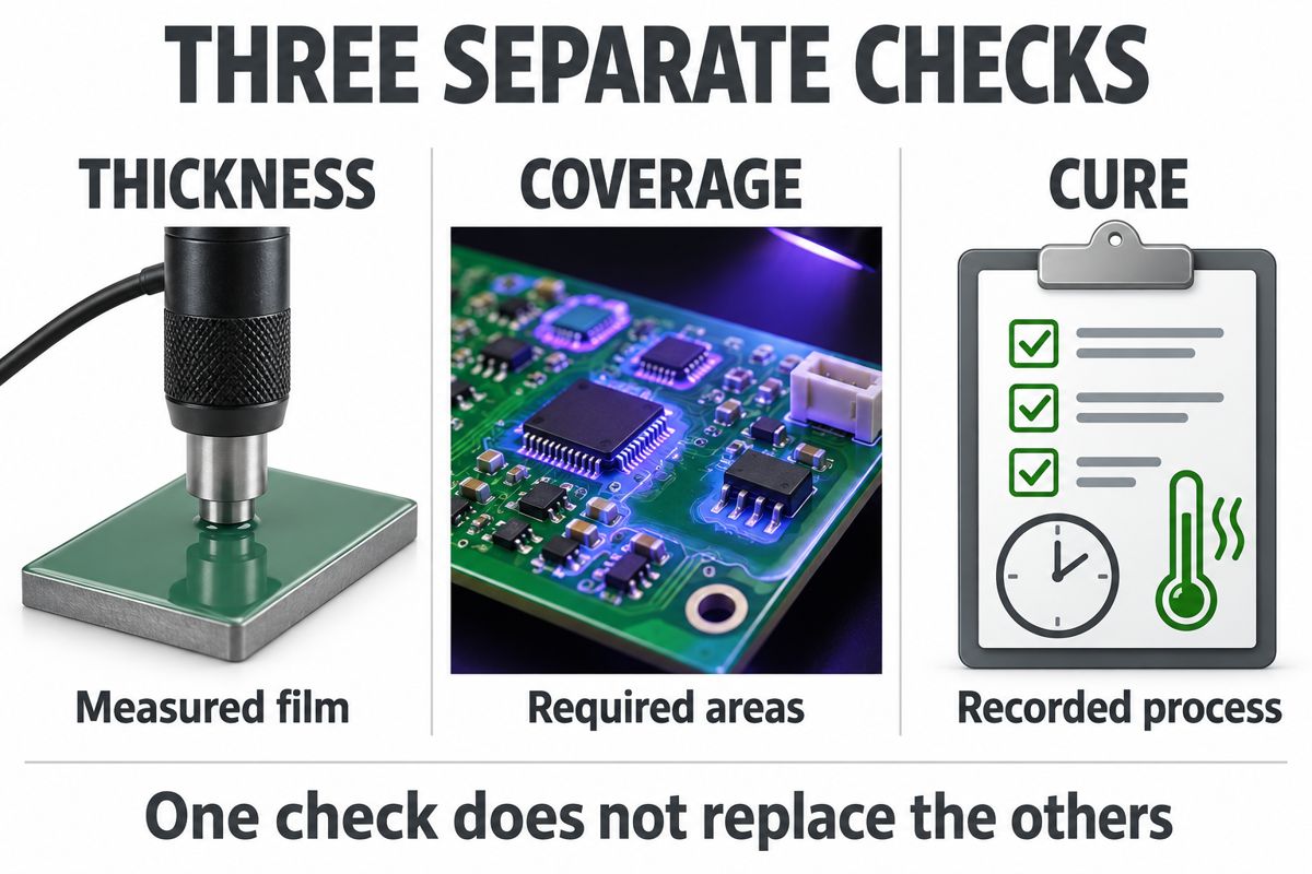 Comparison of thickness measurement and visual coverage inspection for conformal coating