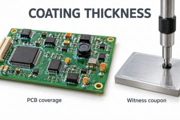 Conceptual coated circuit board beside a flat witness coupon for thickness review