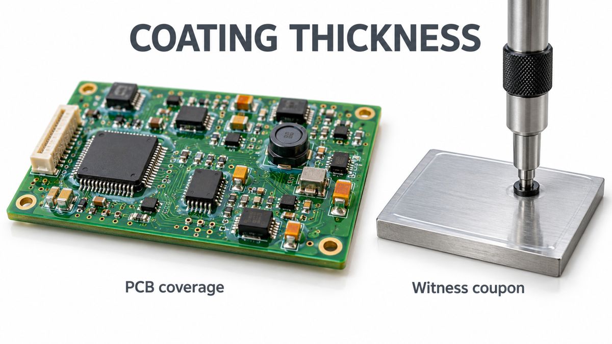 Conceptual coated circuit board beside a flat witness coupon for thickness review
