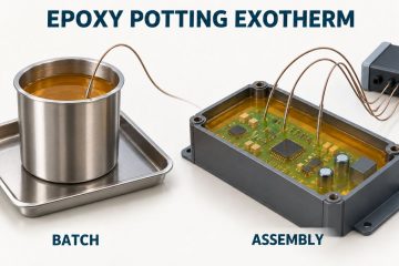 Conceptual epoxy potting trial with separate mixing vessel and instrumented unpowered PCB enclosure