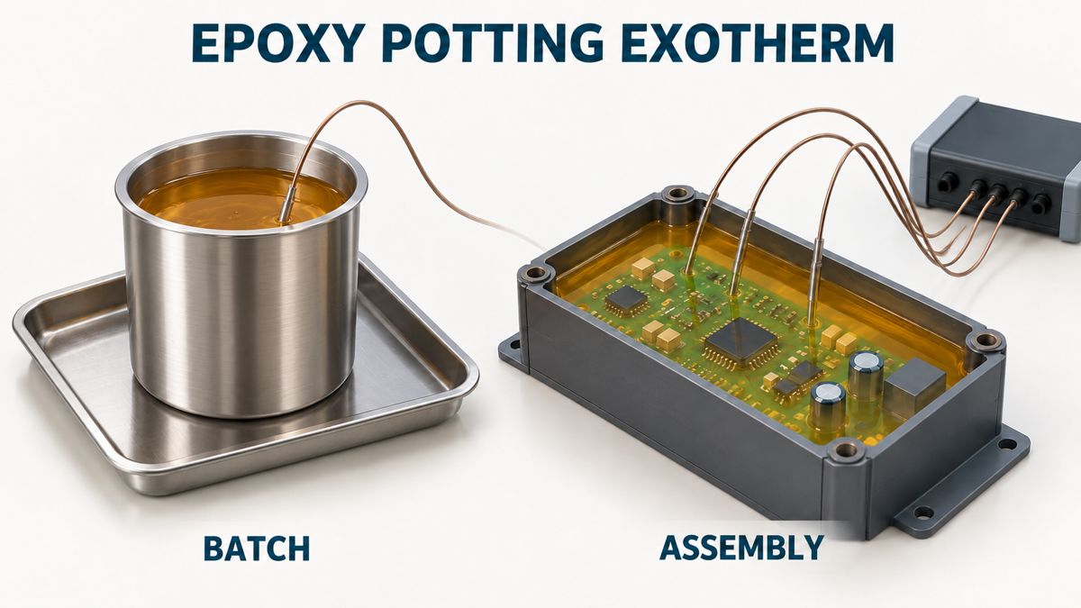 Conceptual epoxy potting trial with separate mixing vessel and instrumented unpowered PCB enclosure