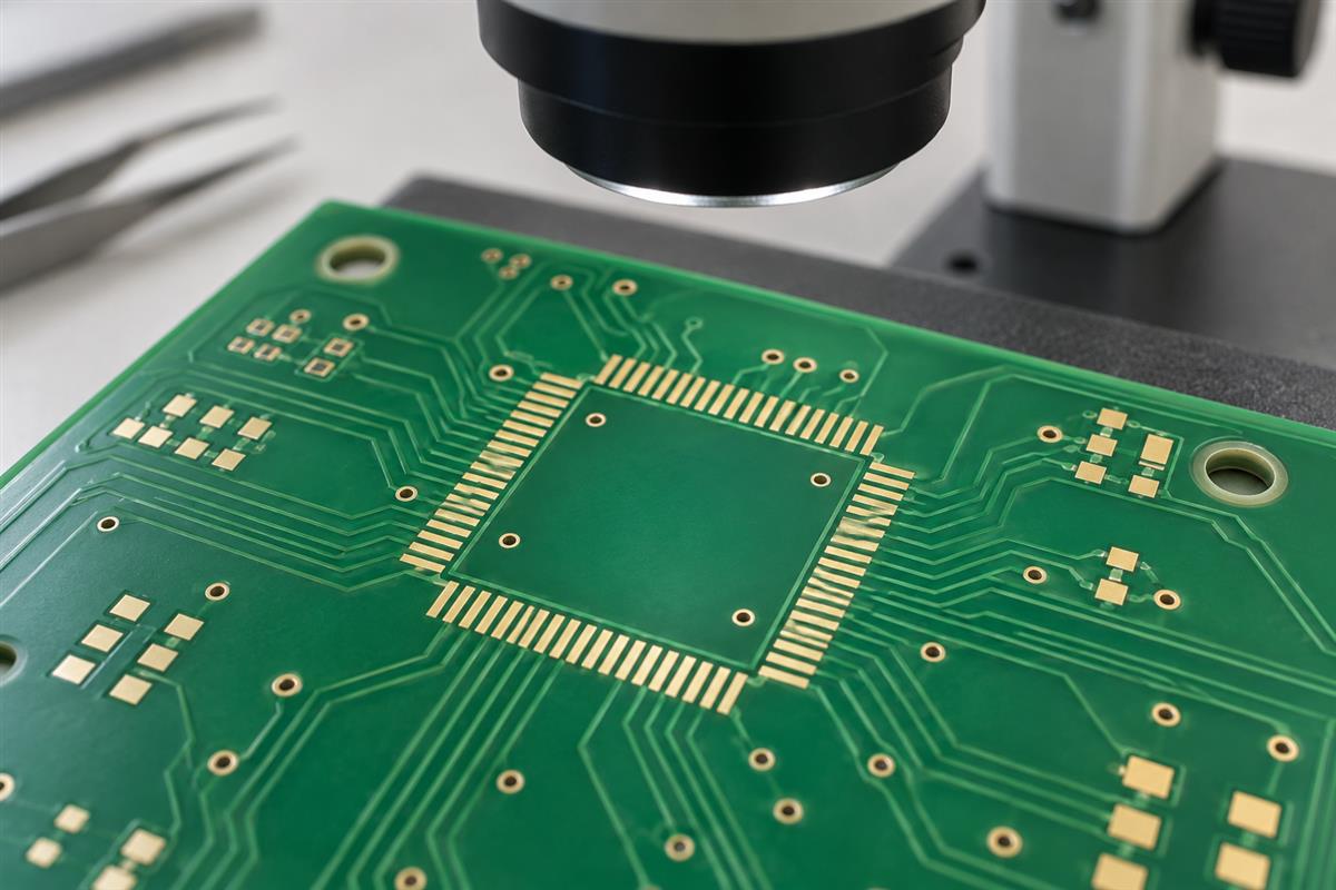 Illustrative bare PCB fine-pitch footprint under an inspection microscope