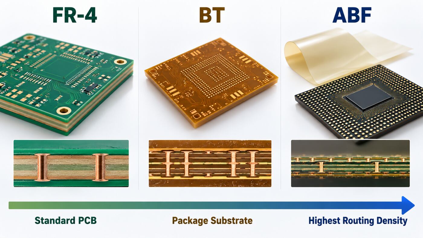 Visual comparison of an FR-4 multilayer PCB, a BT package substrate, and ABF film used in high-density package substrates