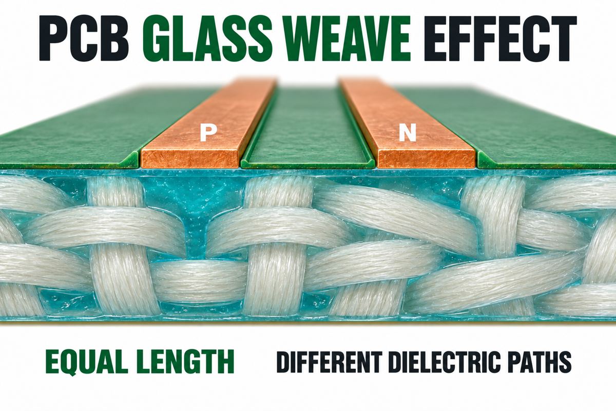 Conceptual differential traces above glass bundles and resin gaps in a PCB dielectric