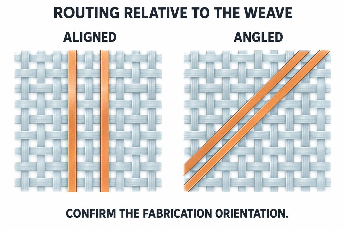 Conceptual comparison of aligned and angled differential routing relative to glass weave