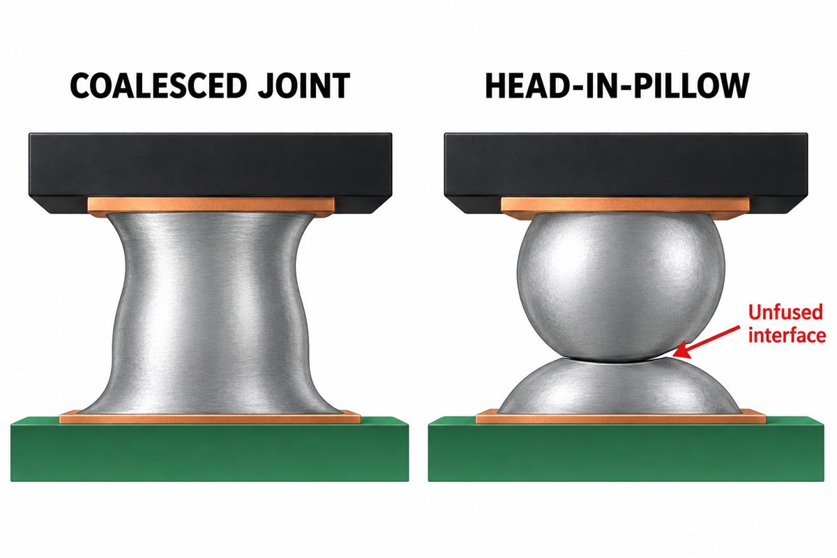 Conceptual cross sections comparing a coalesced BGA joint with an unfused ball-to-paste interface