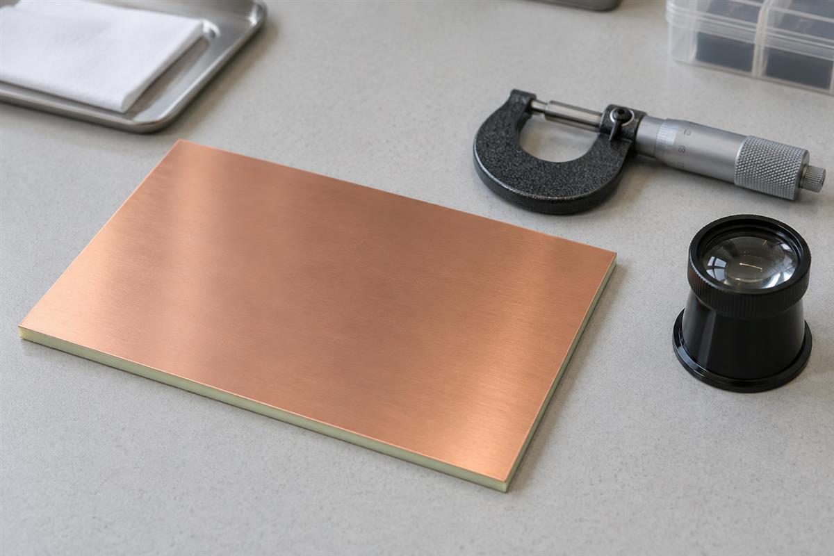 Copper-clad laminate sheet and inspection tools on a clean workbench