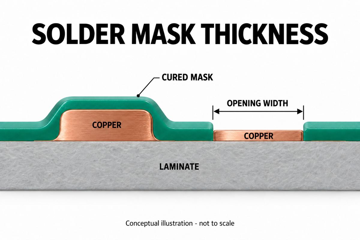 Conceptual cross section distinguishing solder mask height from horizontal opening width