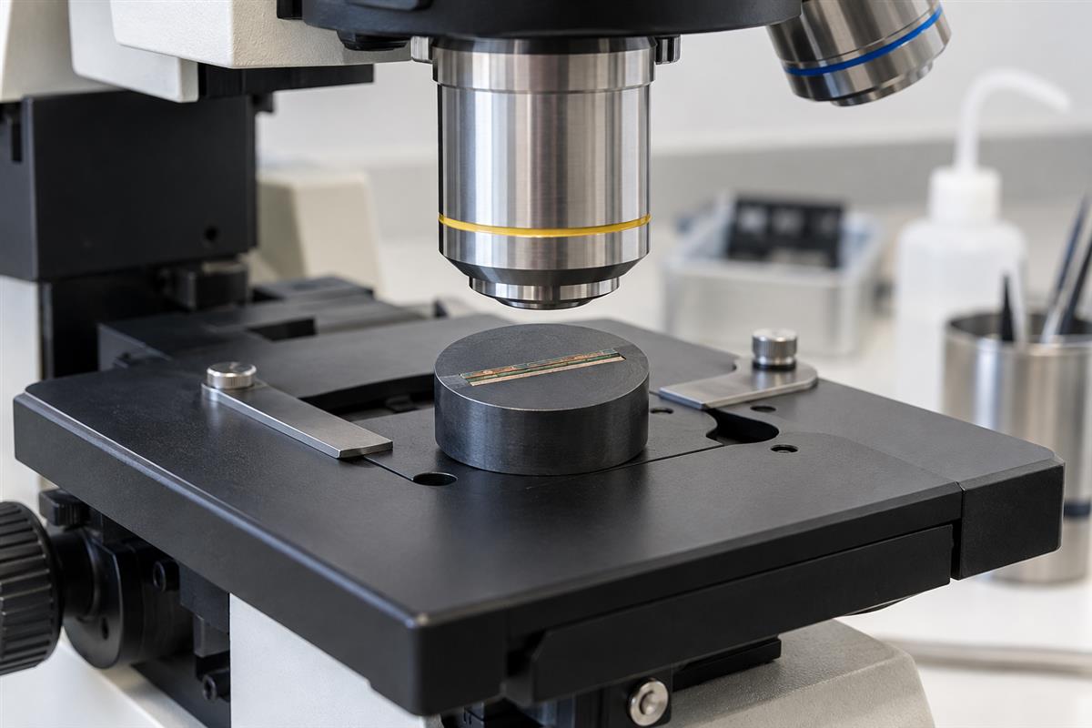 Illustrative metallographic specimen mount positioned under an inspection microscope