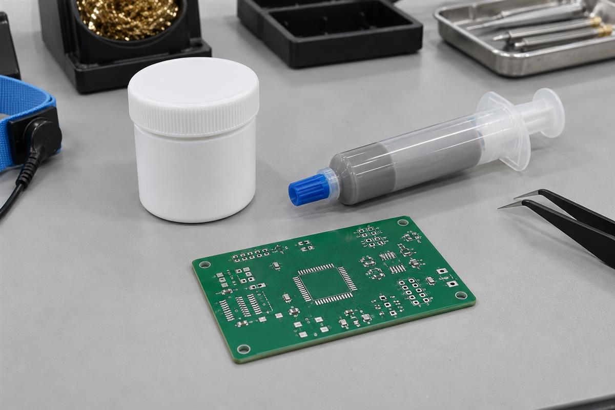 Sealed solder paste jar and capped dispensing syringe beside an unpopulated PCB