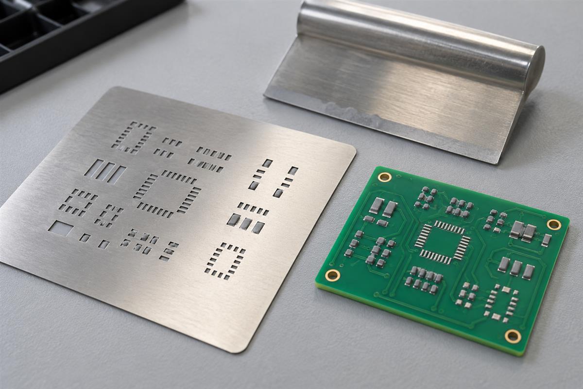 PCB stencil and small bare circuit board with solder paste deposits on an electronics workbench