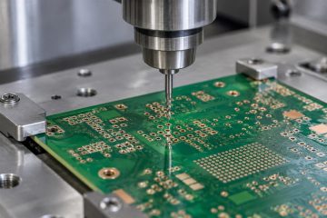 Illustrative controlled-depth drilling tool above a bare multilayer circuit board