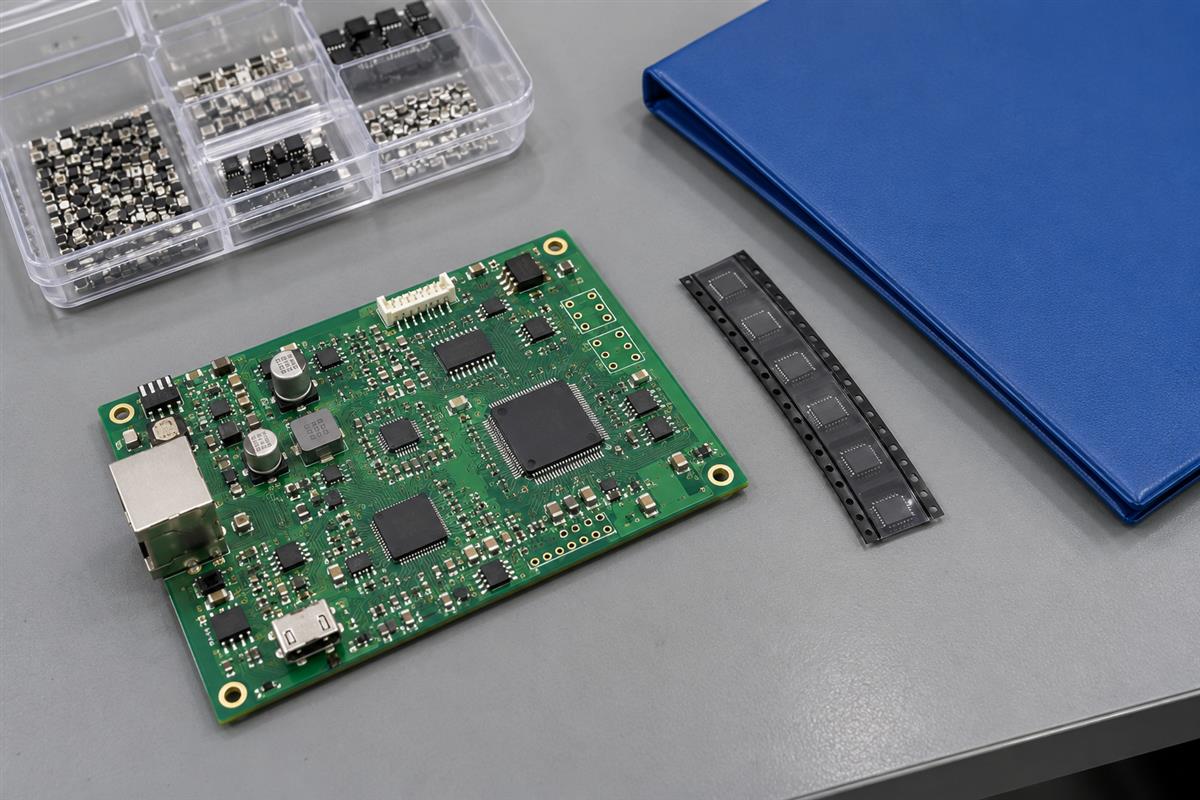 Assembled circuit board with component packaging and a document folder on an engineering bench
