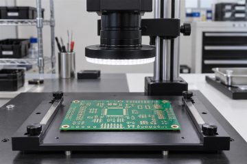 Bare printed circuit board beneath an inspection camera and ring light