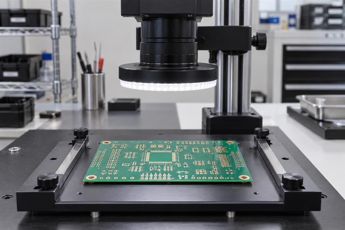 Bare printed circuit board beneath an inspection camera and ring light