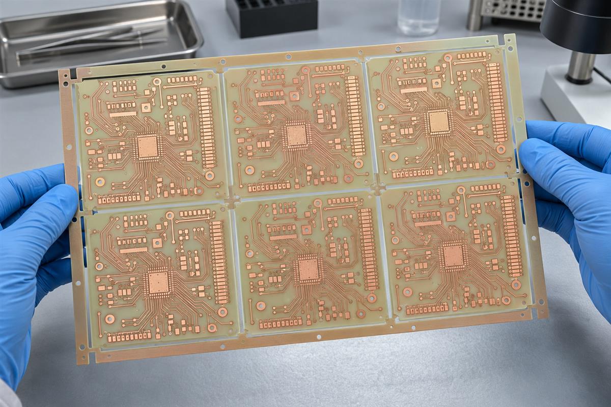 Copper circuit pattern on a bare fabrication panel held at the edge with clean gloves