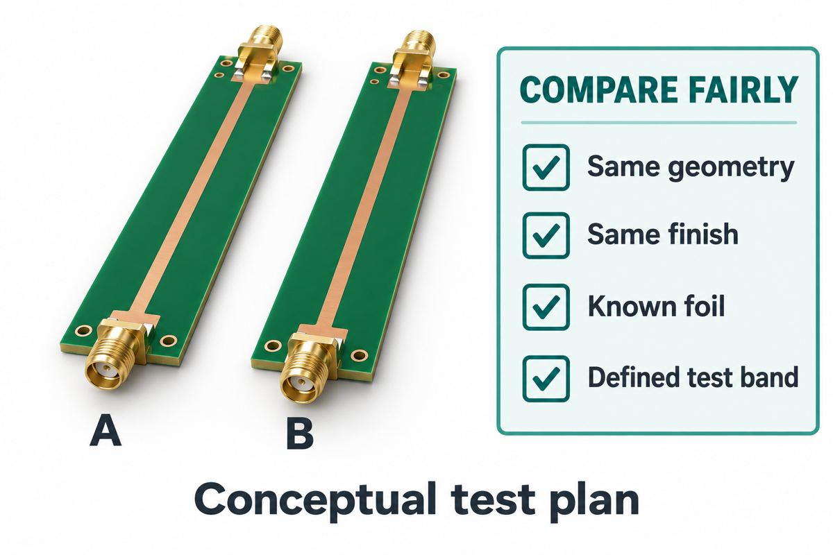 Conceptual matched PCB coupons and evidence checklist for a copper foil comparison