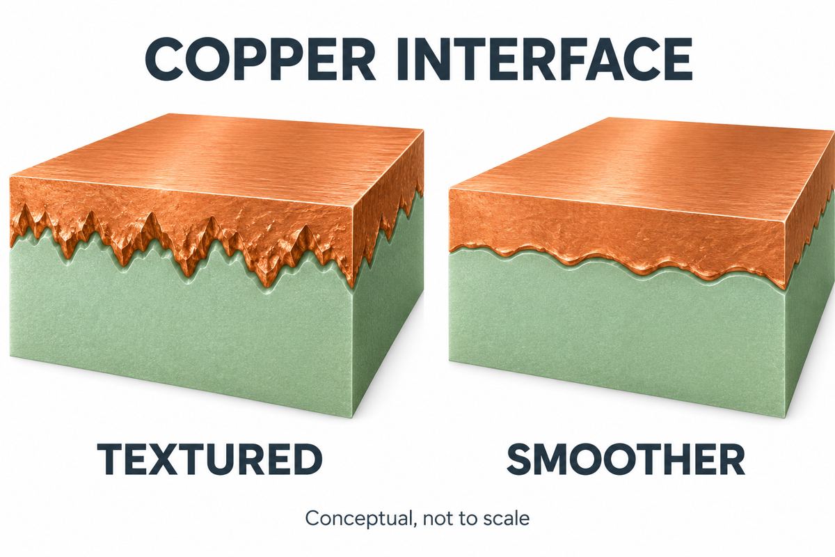 Conceptual comparison of textured and smoother copper to dielectric interfaces