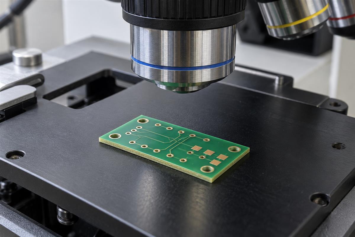 Illustrative PCB inspection coupon beside a microscope on a laboratory bench