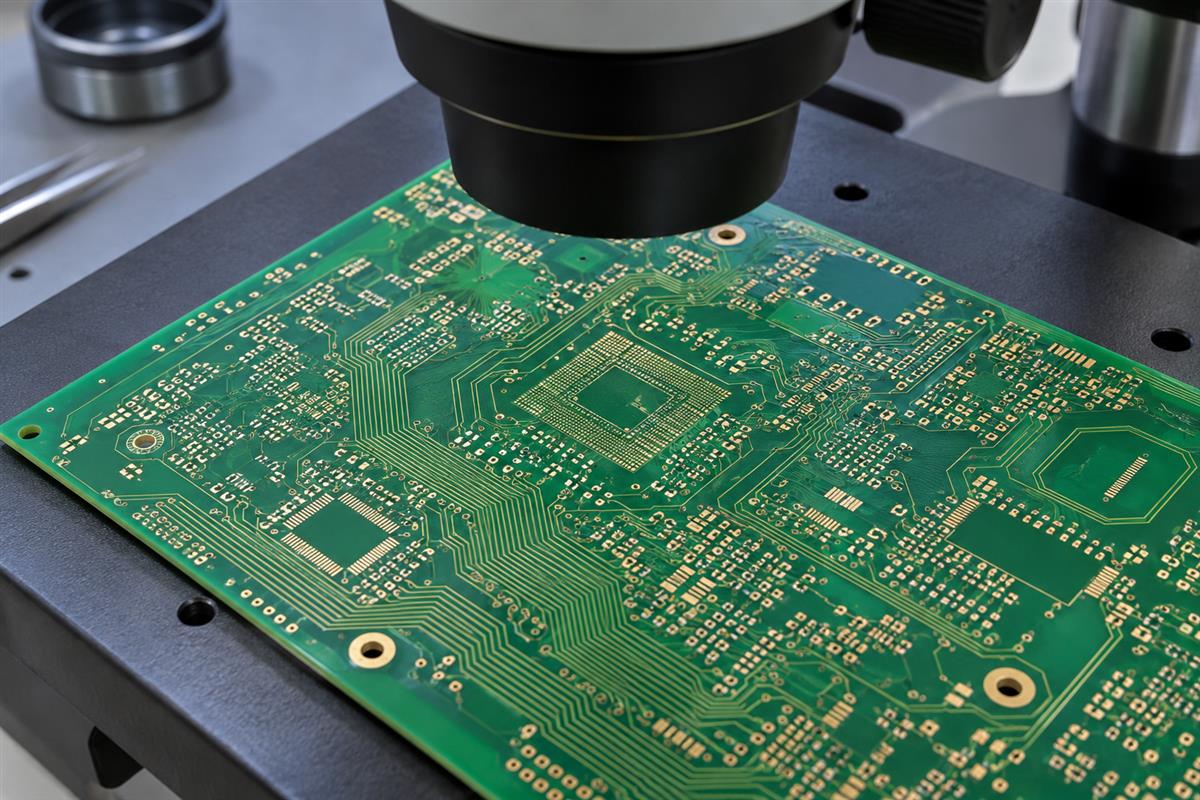 Fine-pitch bare PCB routing area under an inspection microscope