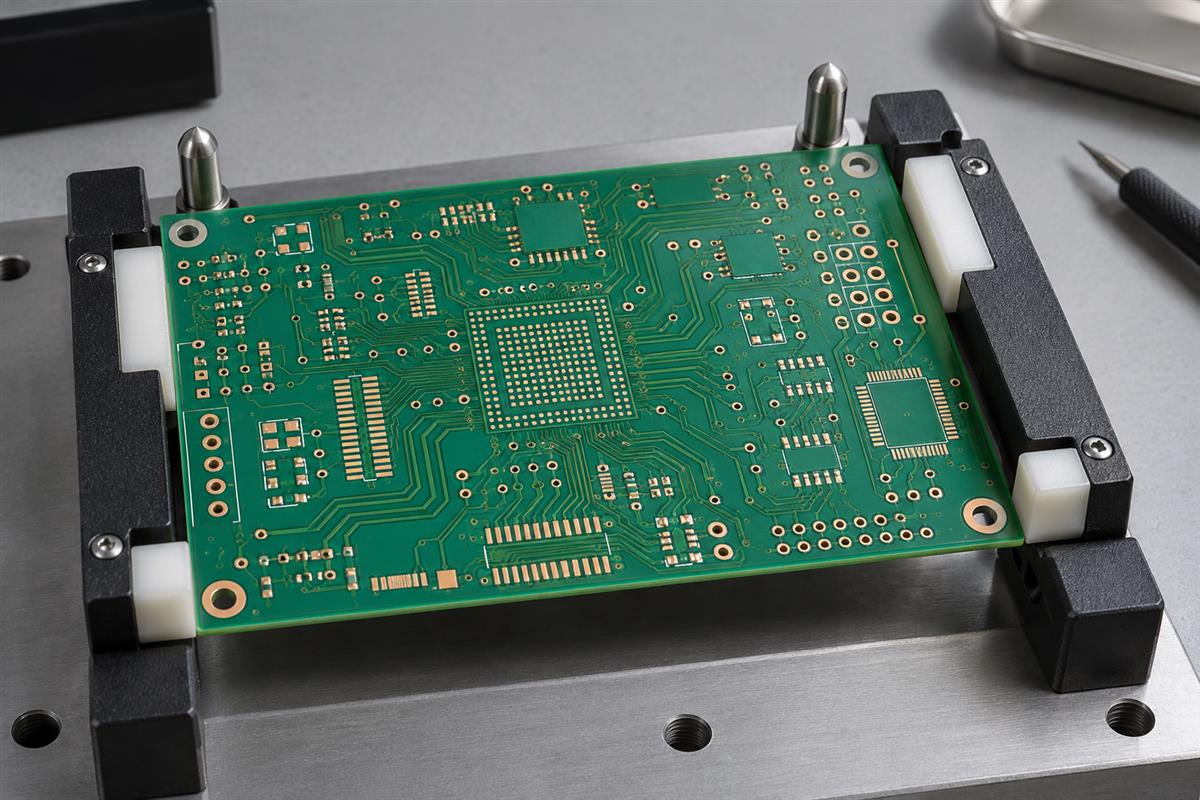 Bare printed circuit board secured in a repeatable inspection fixture on a workbench
