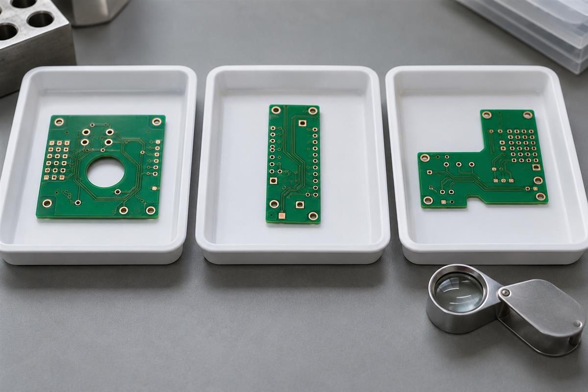 Illustrative PCB production samples arranged separately for inspection and traceability