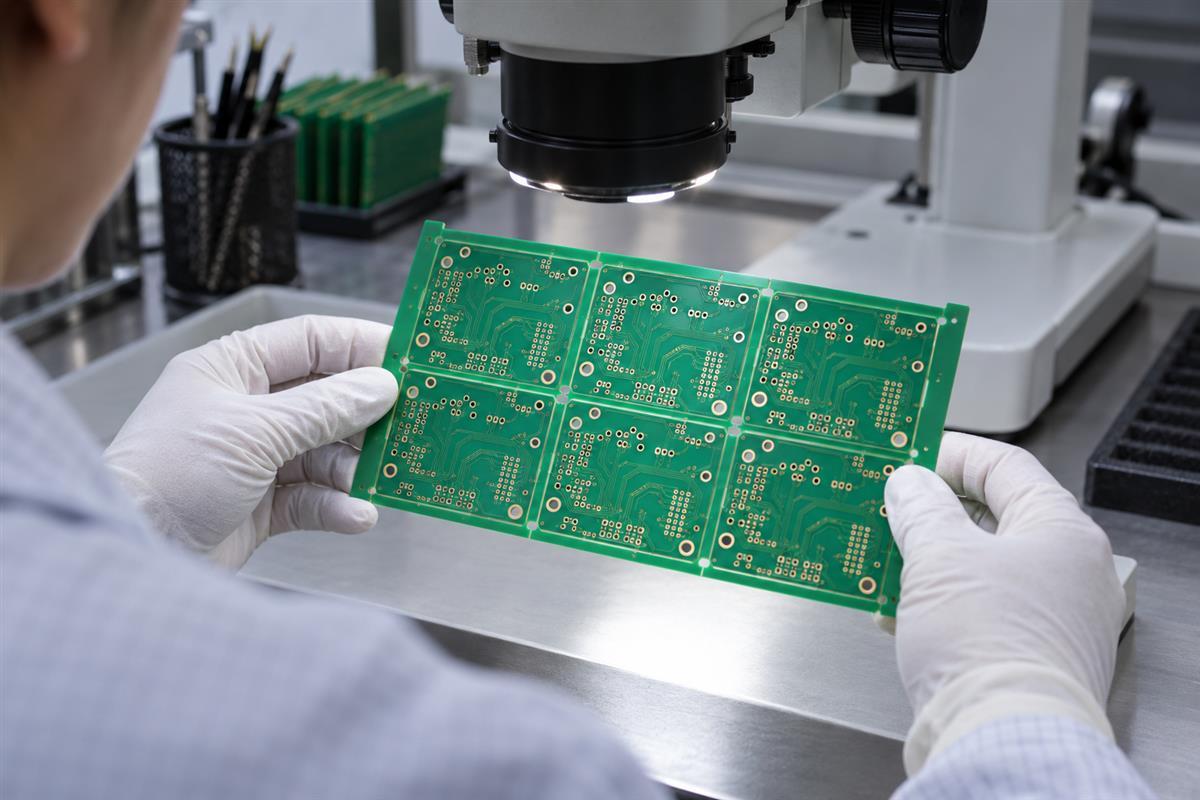 Technician inspecting a bare PCB panel under a stereo microscope